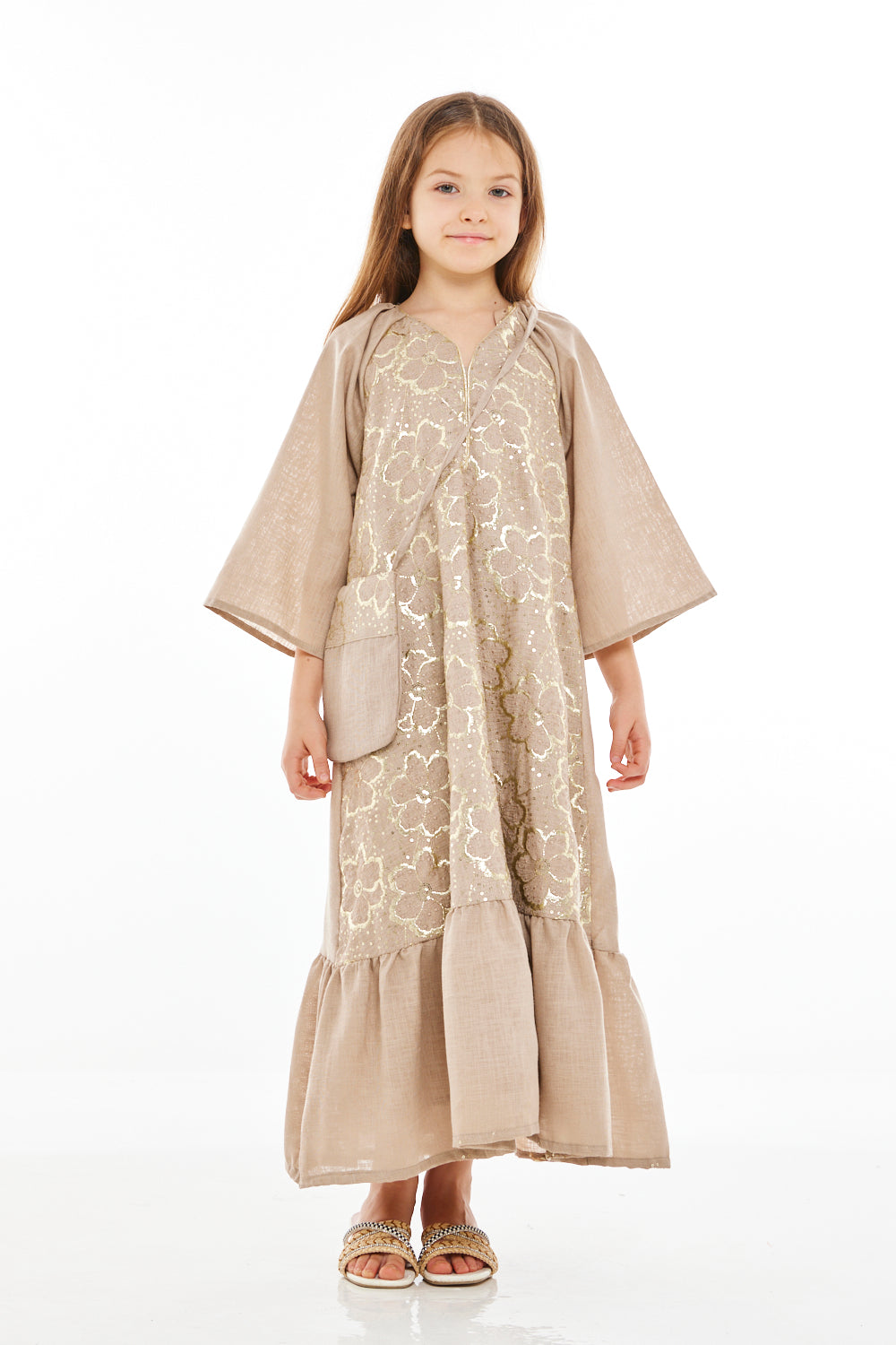 D13917KLayered Floral Sequin Embroidered Dress with Crossbody Sling