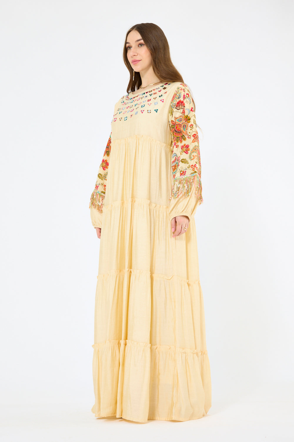 Multicolor Folk Embroidery Tiered Maxi Dress