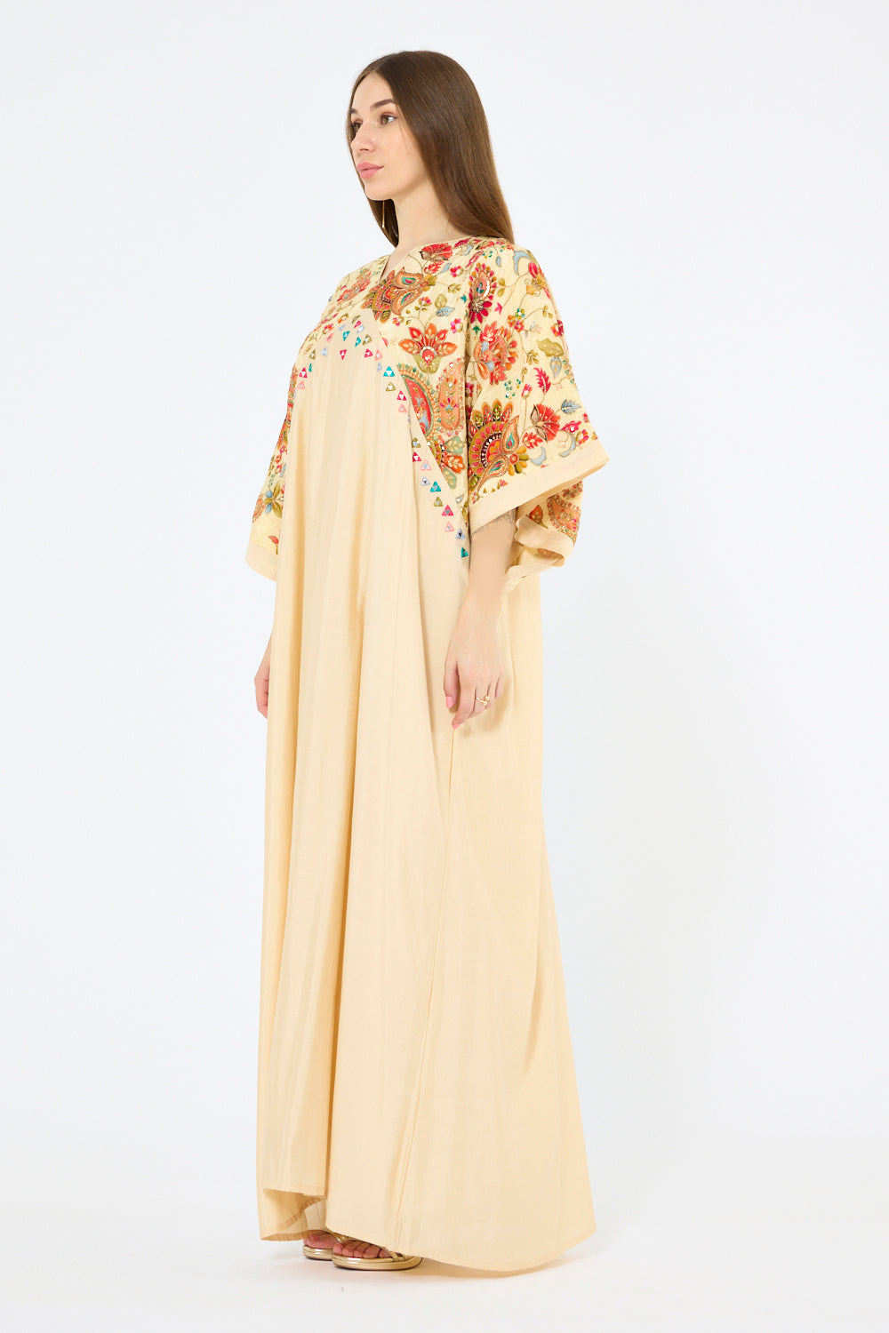 Embroidered Mirror-Work Floral Kaftan Dress