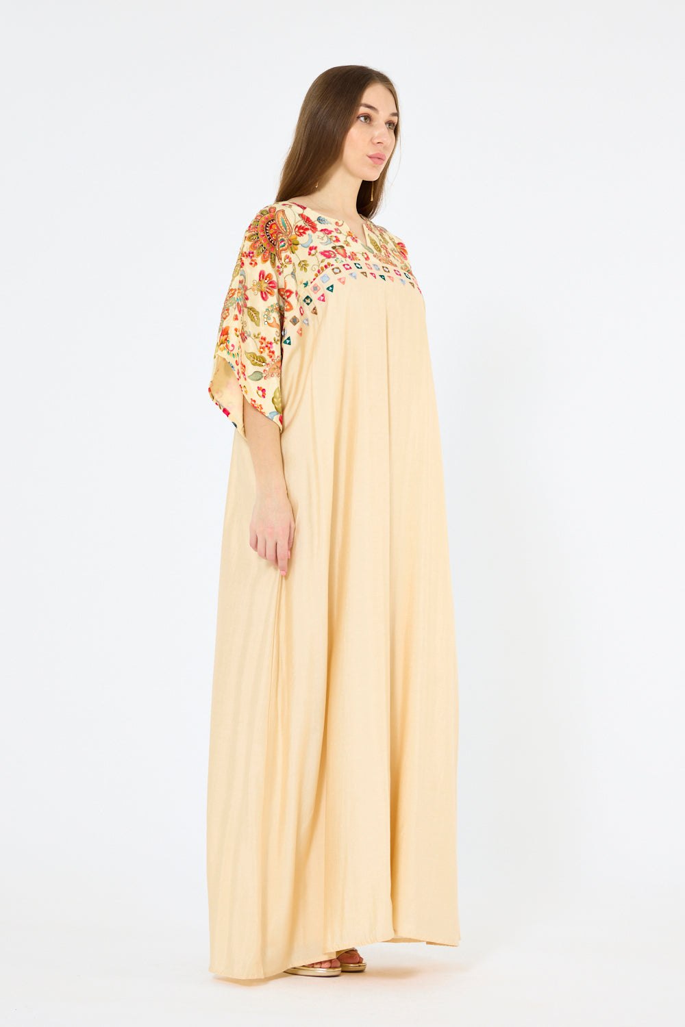 Embroidered Mirror-Work Floral Kaftan Dress