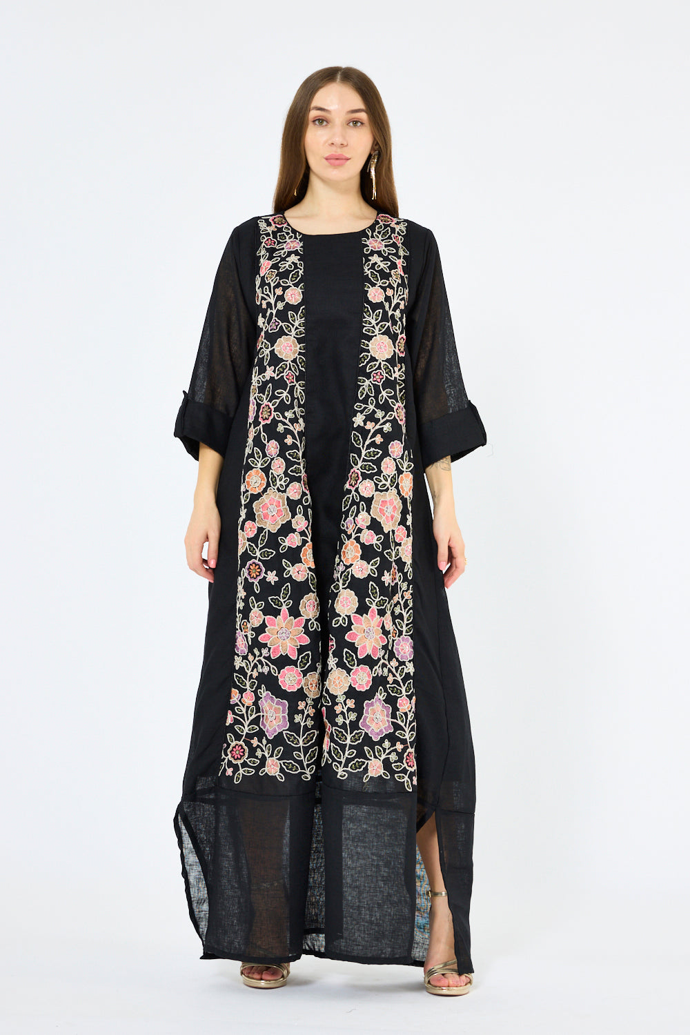 Black Floral Embroidered Panelled Layer Dress