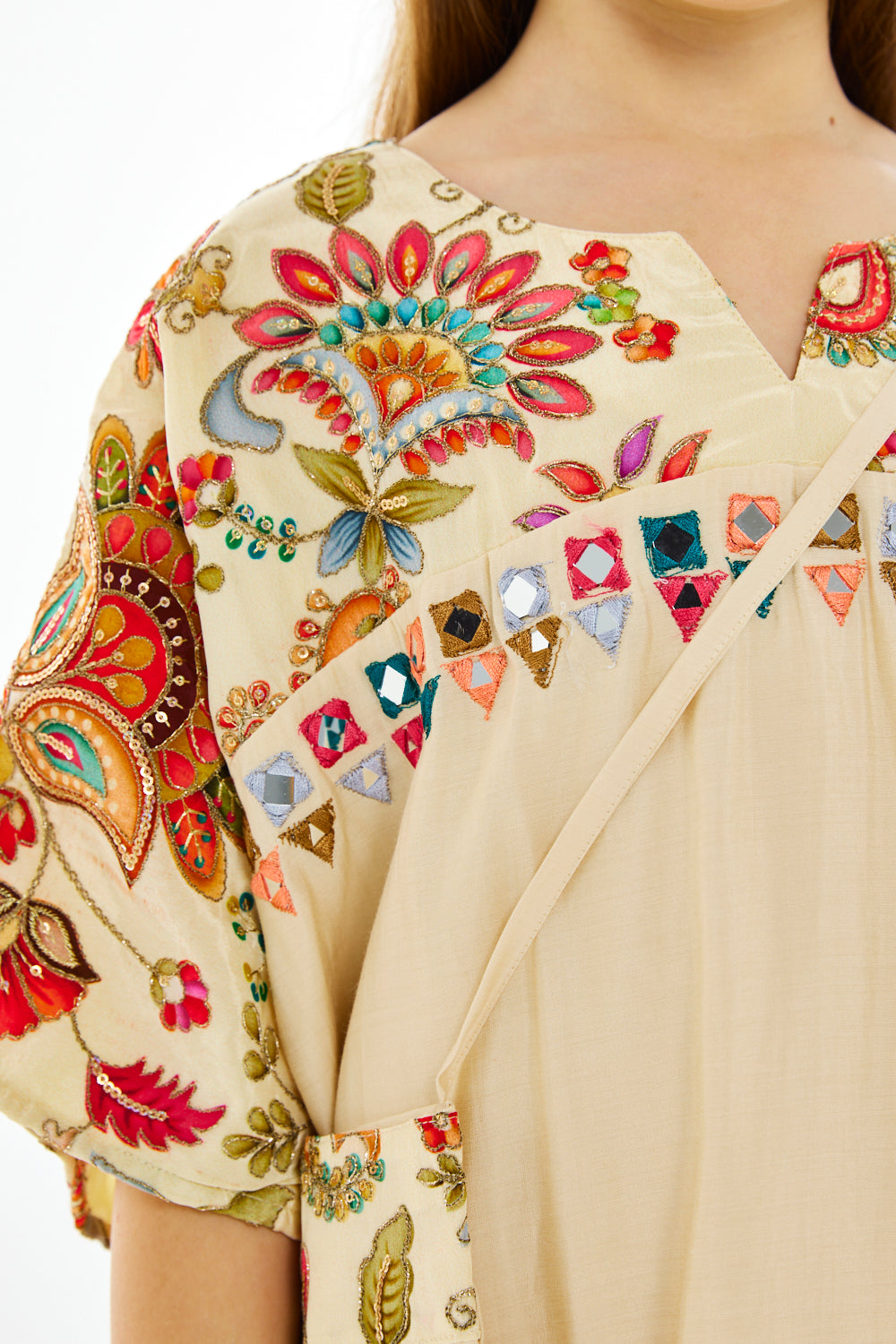 Embroidered Mirror-Work Floral Kaftan Dress with Crossbody Sling