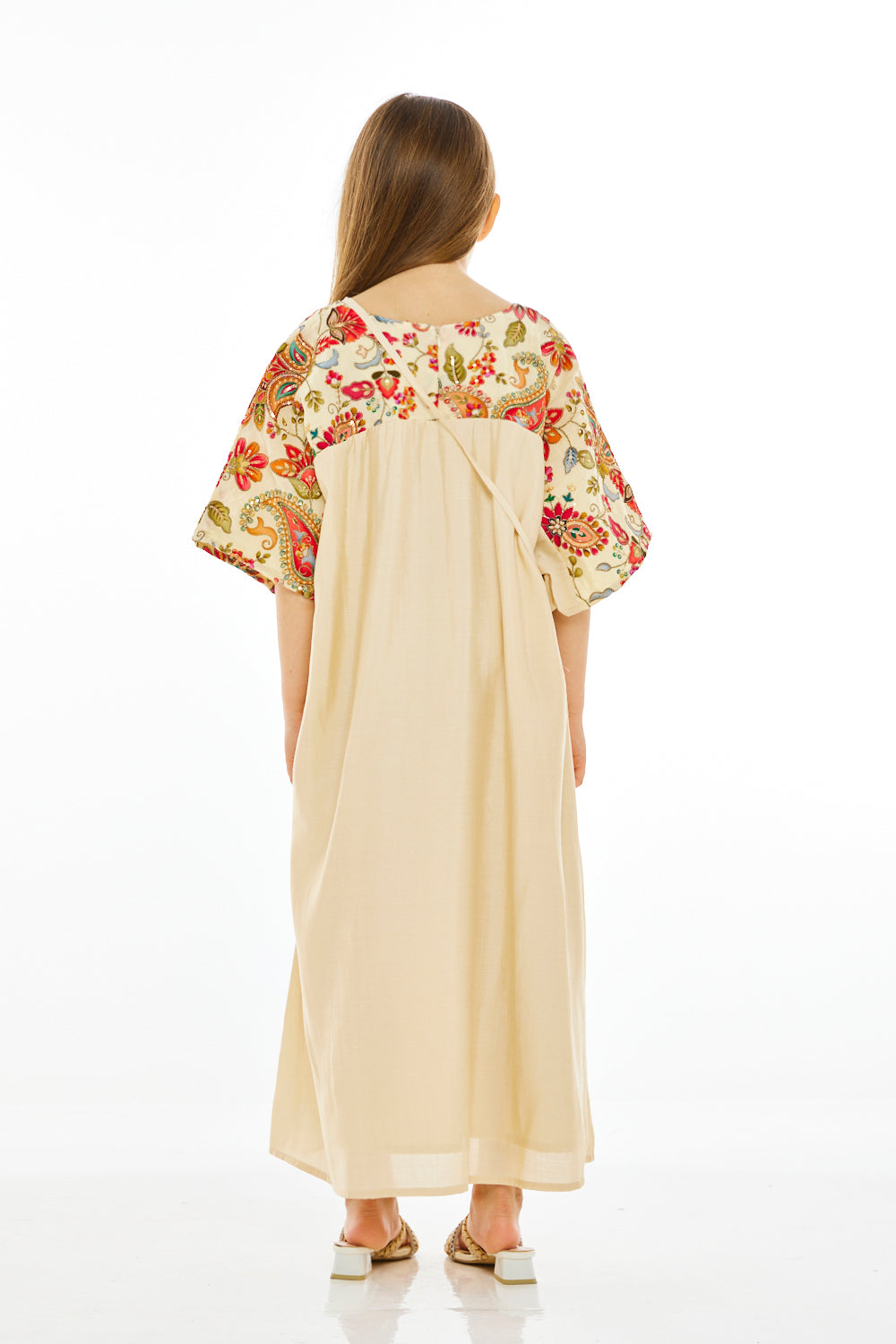 Embroidered Mirror-Work Floral Kaftan Dress with Crossbody Sling