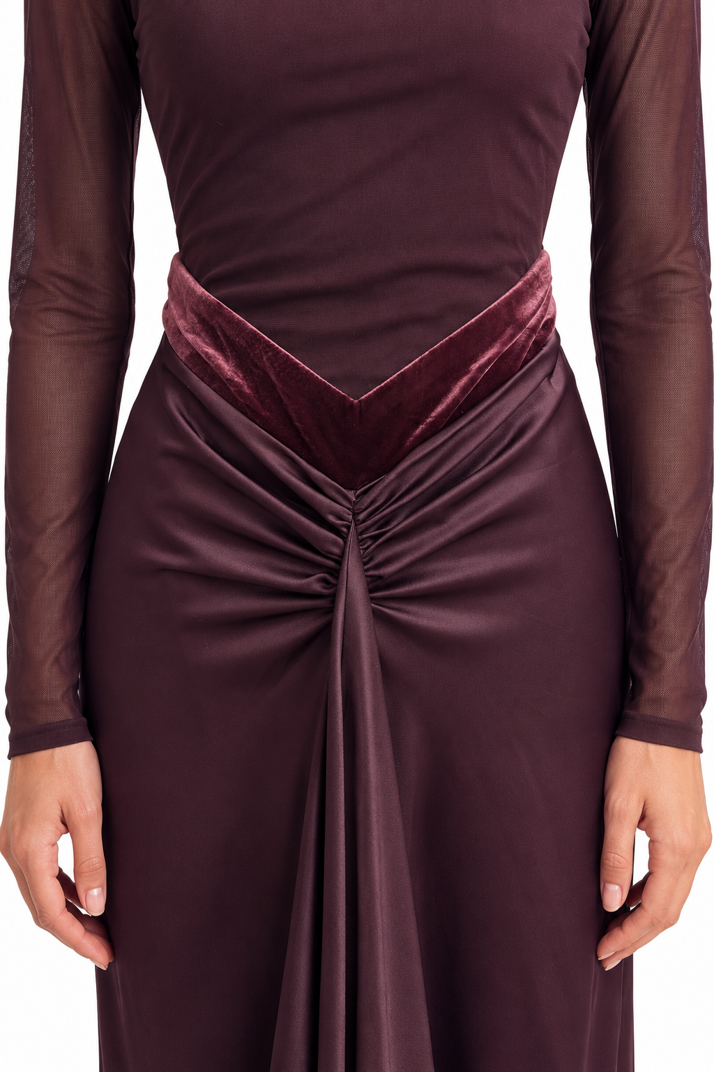 "Talia" Sheer-Sleeve Draped Maxi Gown