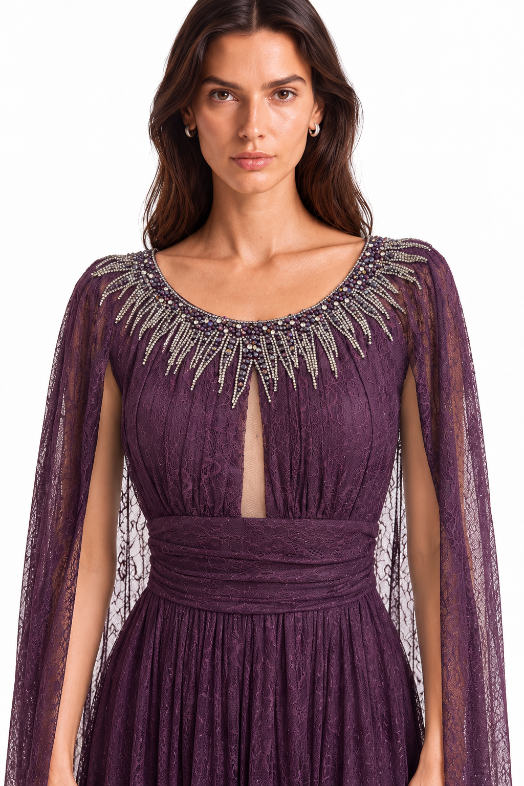 "Nadia" Crystal Cape Lace Gown