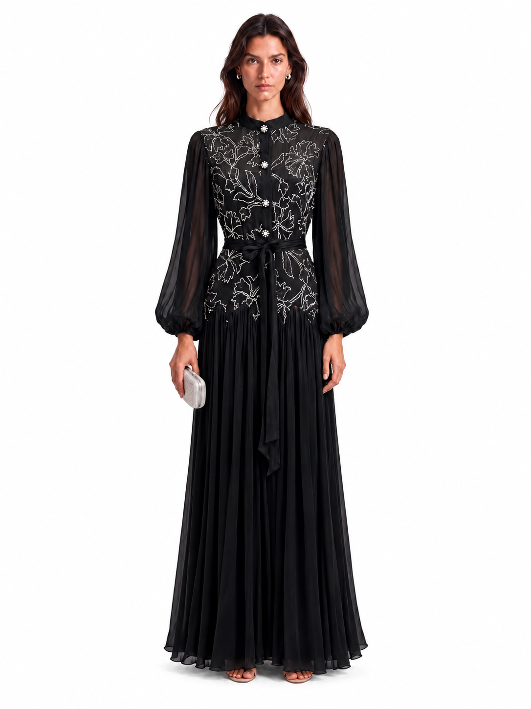 "Nesma" Embroidered Chiffon Tie-Waist Maxi Dress