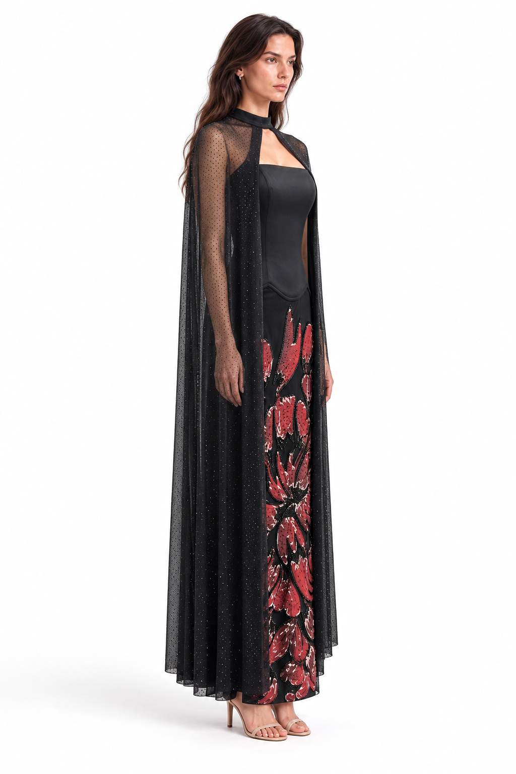 "Zara" Floral Applique Cape Gown