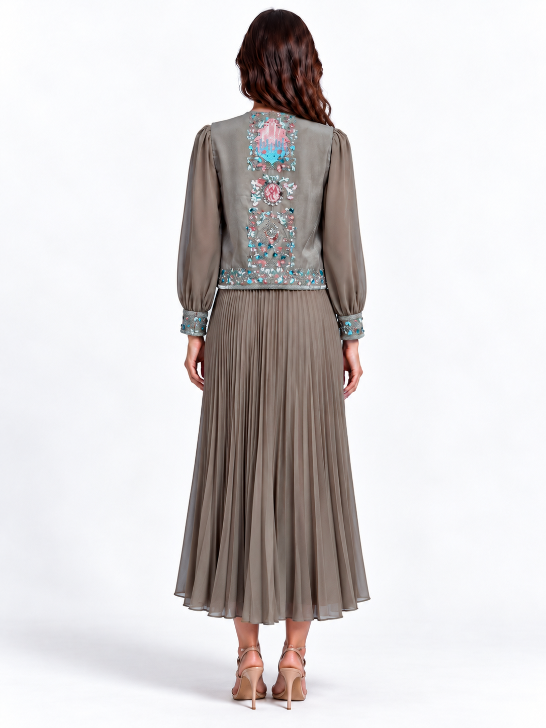 "Nesma" Embroidered Tie-Neck Pleated Dress