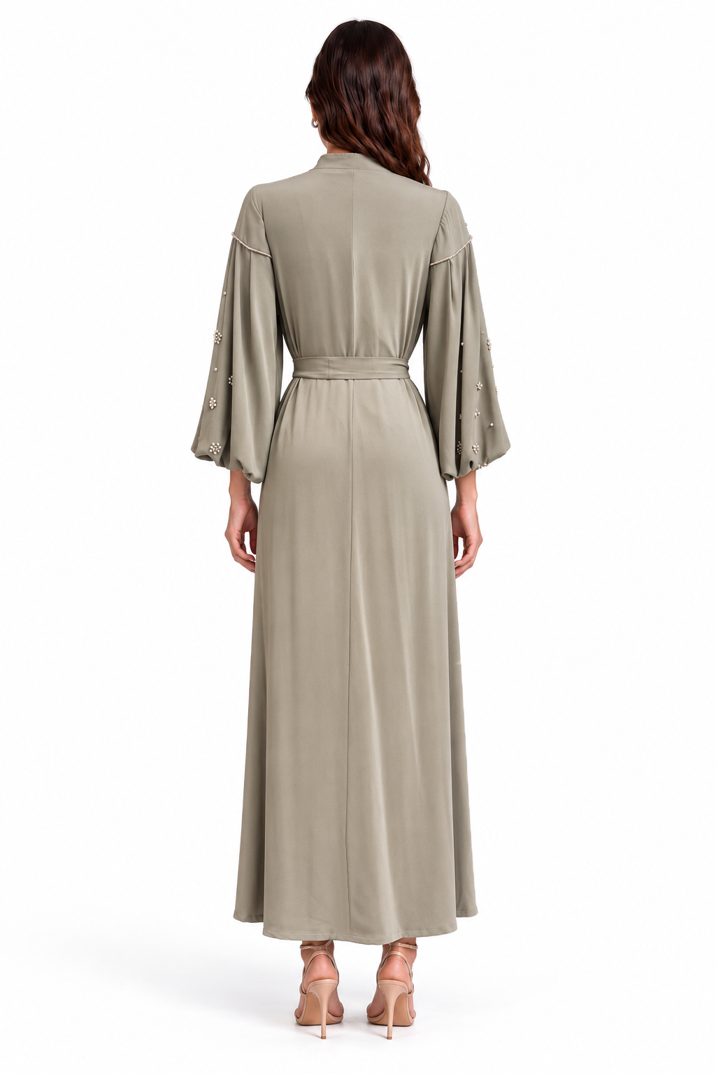 "Mariam" Pearl Tie-Neck Balloon Sleeve Dress