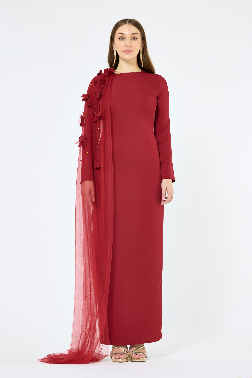 Floral Appliqué Shoulder Drape Gown