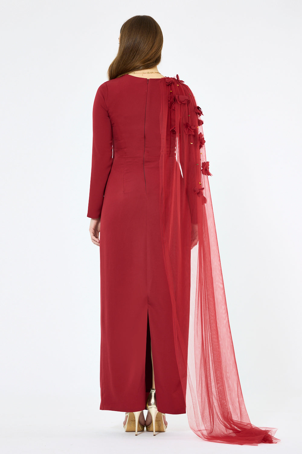 Floral Appliqué Shoulder Drape Gown