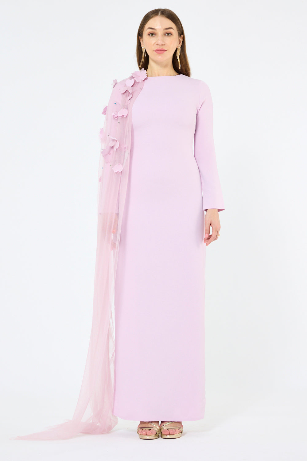 Floral Appliqué Shoulder Drape Gown