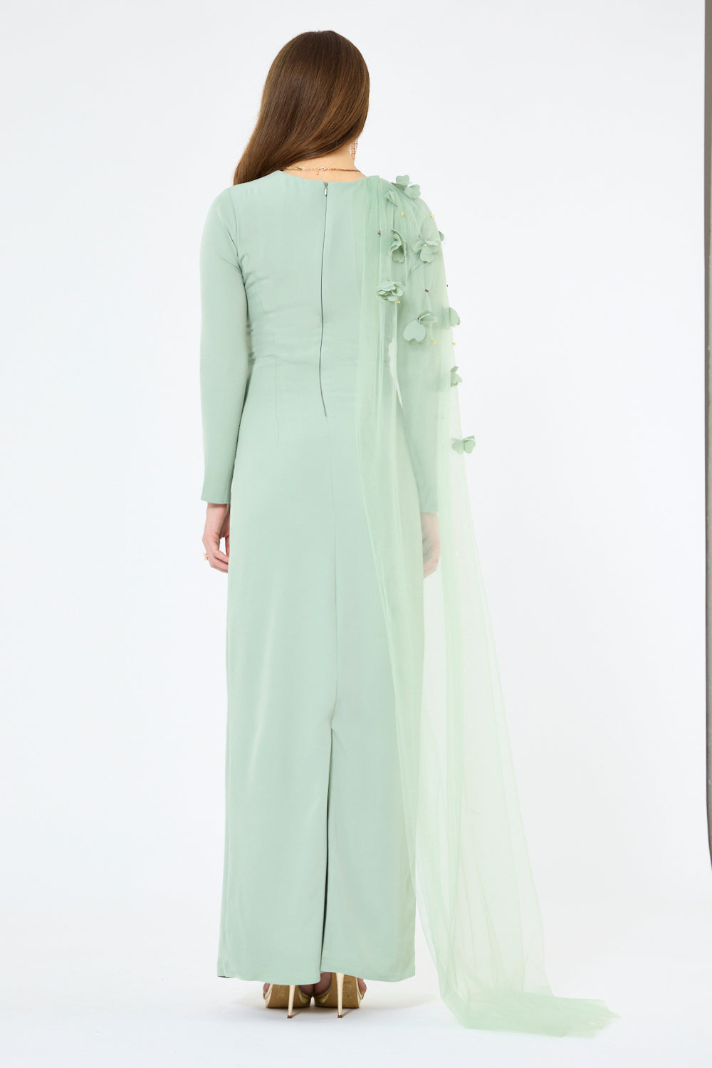 Floral Appliqué Shoulder Drape Gown