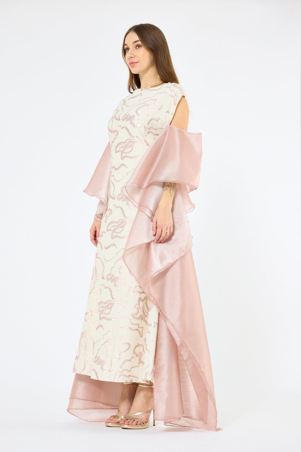 Abstract Swirl Embroidered Organza Drape Dress