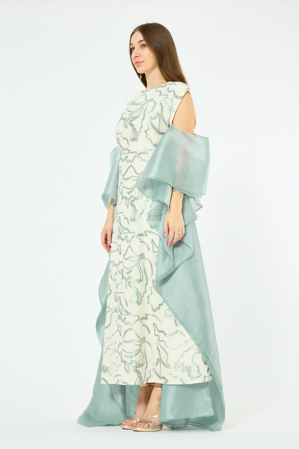 Abstract Swirl Embroidered Organza Drape Dress
