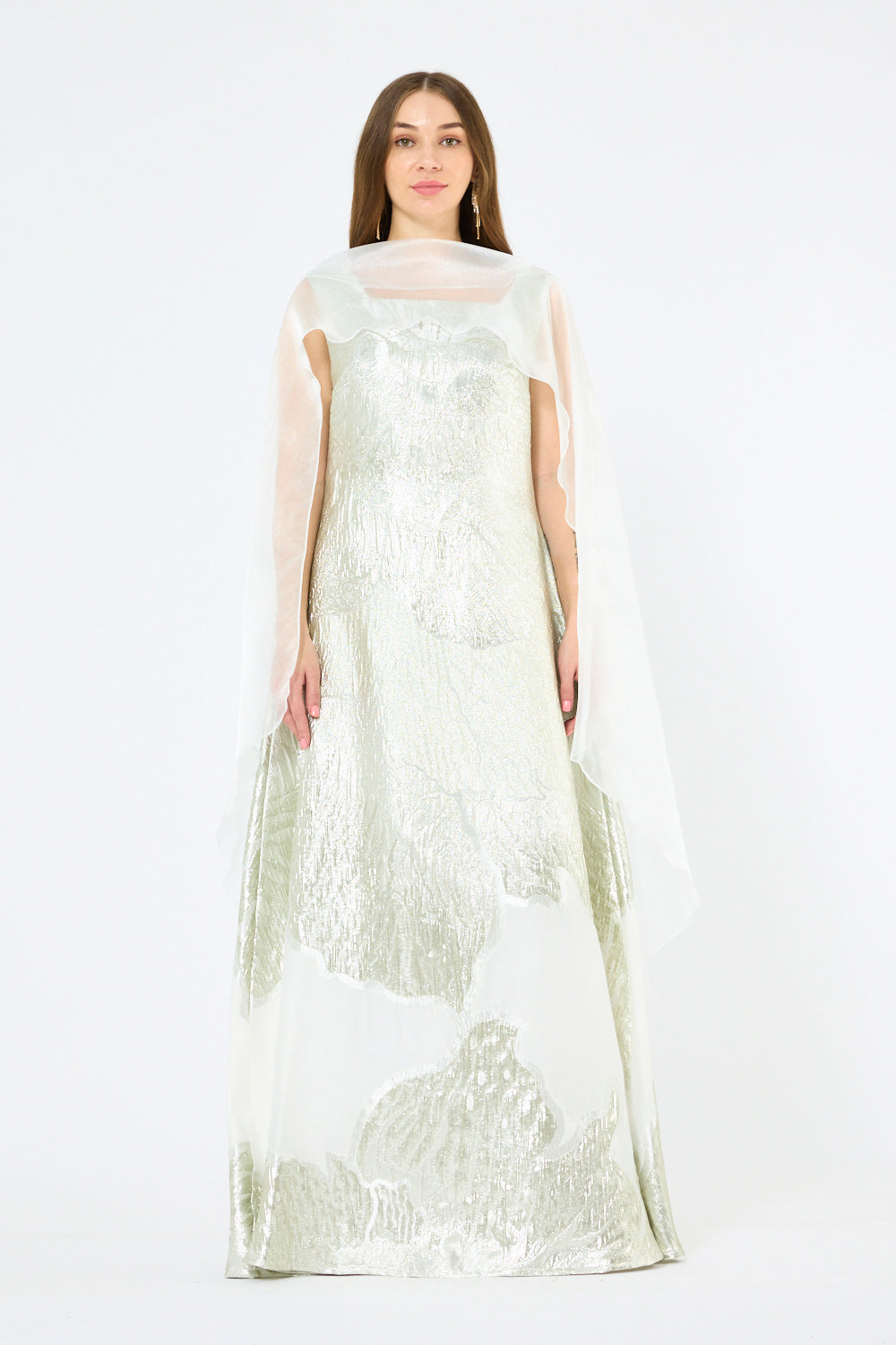 Floral Metallic Jacquard Cape Overlay Evening Gown