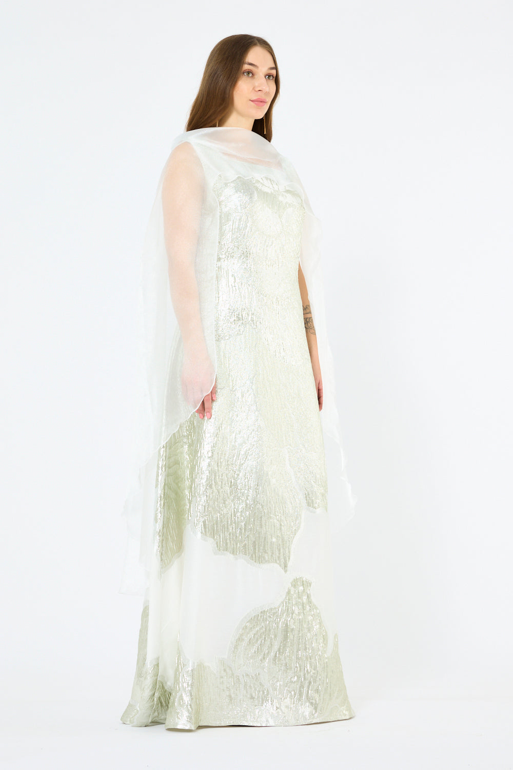 Floral Metallic Jacquard Cape Overlay Evening Gown