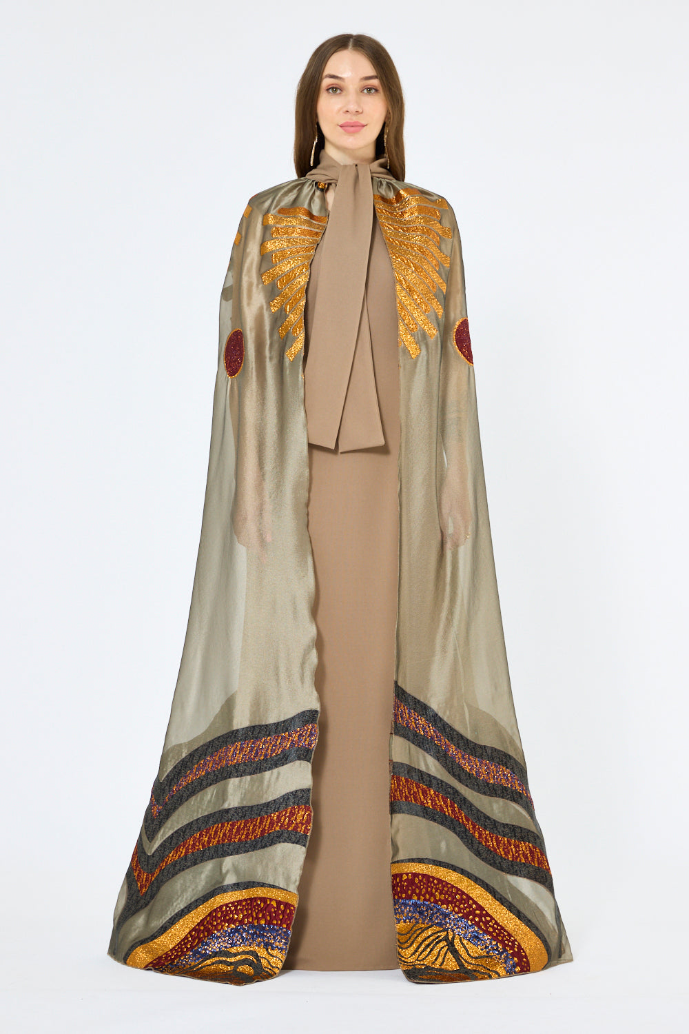 Abstract Metallic Artwork Cape Gown
