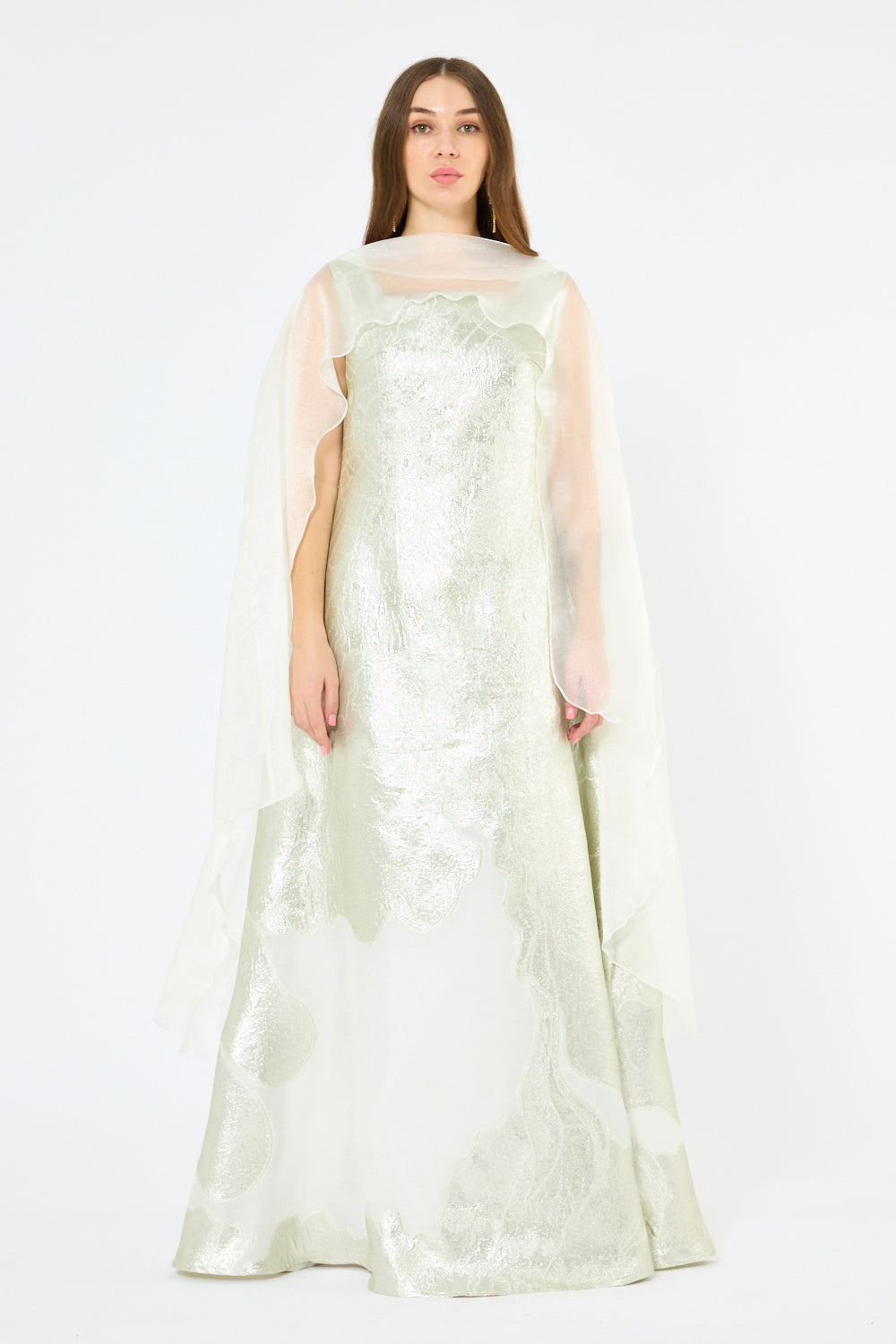 Floral Metallic Jacquard Cape Overlay Evening Gown