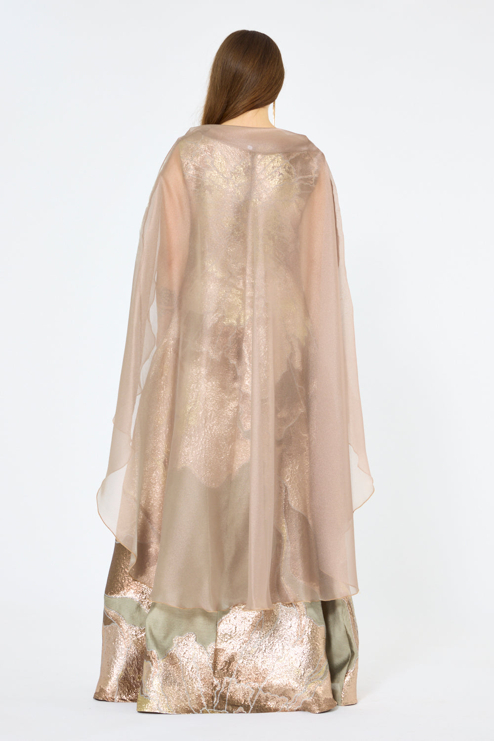 Floral Metallic Jacquard Cape Overlay Evening Gown