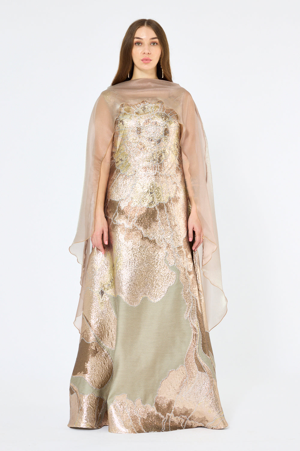 Floral Metallic Jacquard Cape Overlay Evening Gown