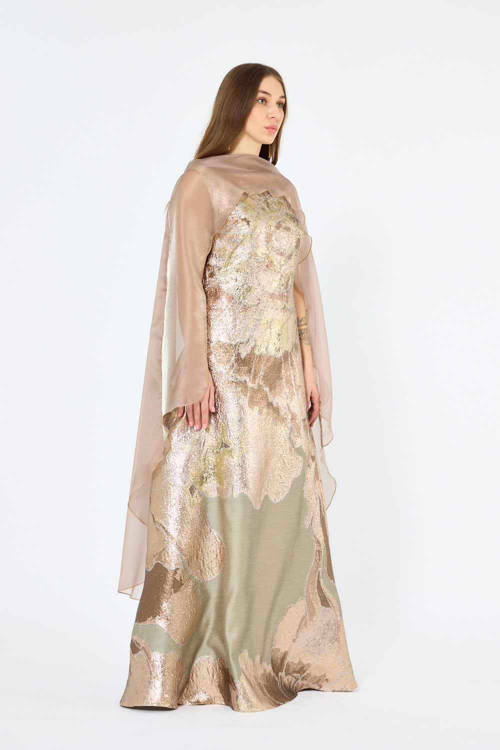 Floral Metallic Jacquard Cape Overlay Evening Gown