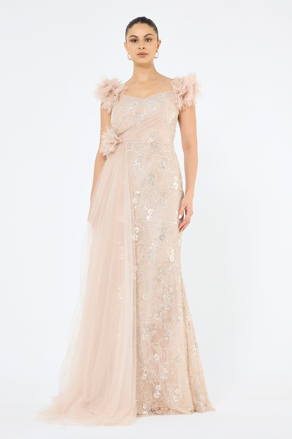 Tulle Floral Appliqué Drape Panel Gown