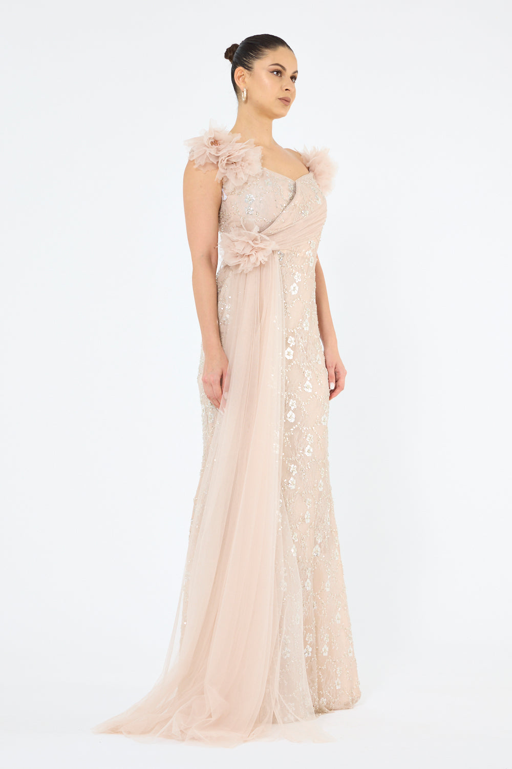 Tulle Floral Appliqué Drape Panel Gown