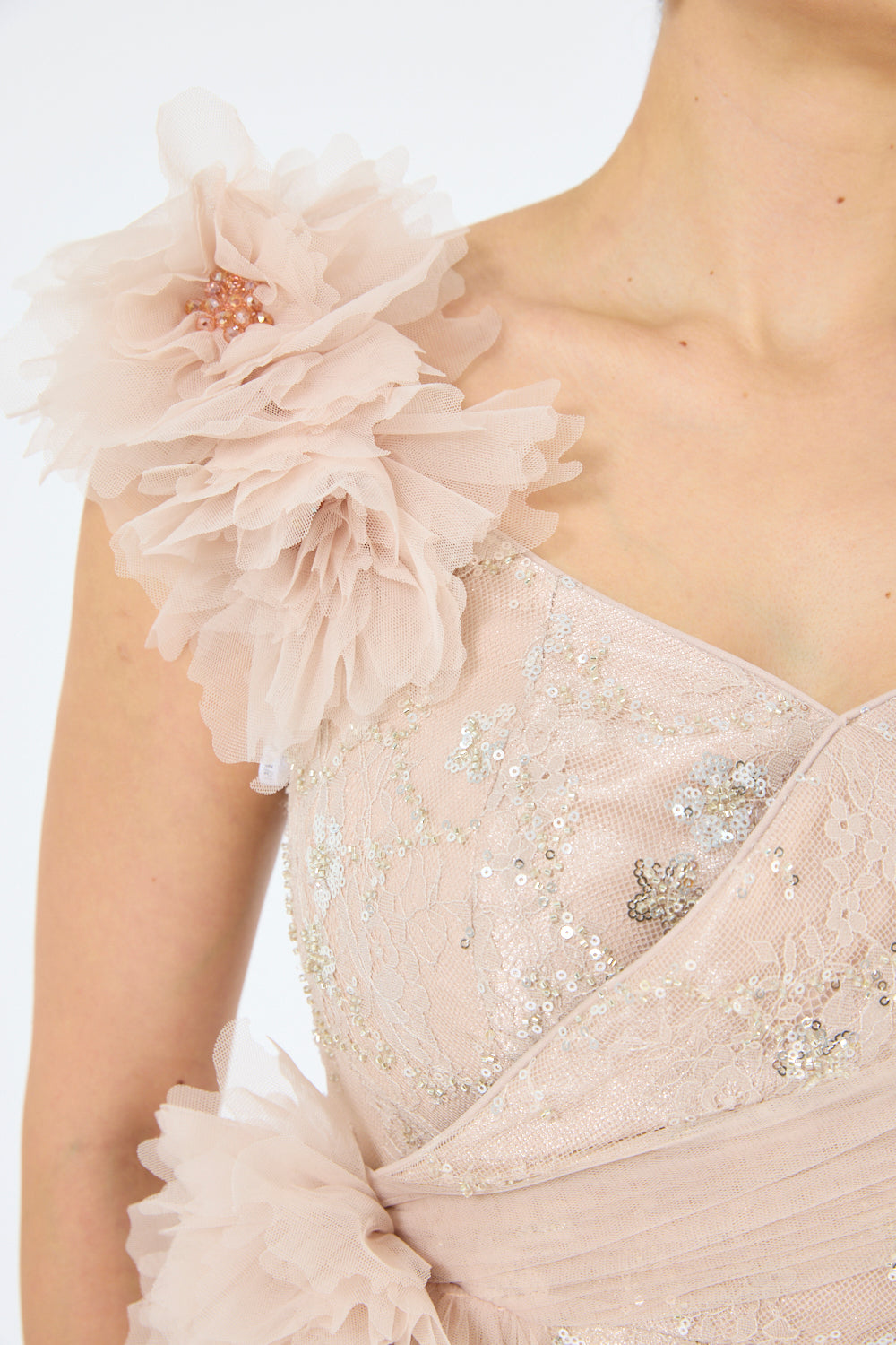 Tulle Floral Appliqué Drape Panel Gown