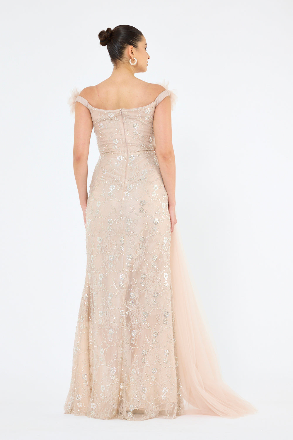 Tulle Floral Appliqué Drape Panel Gown