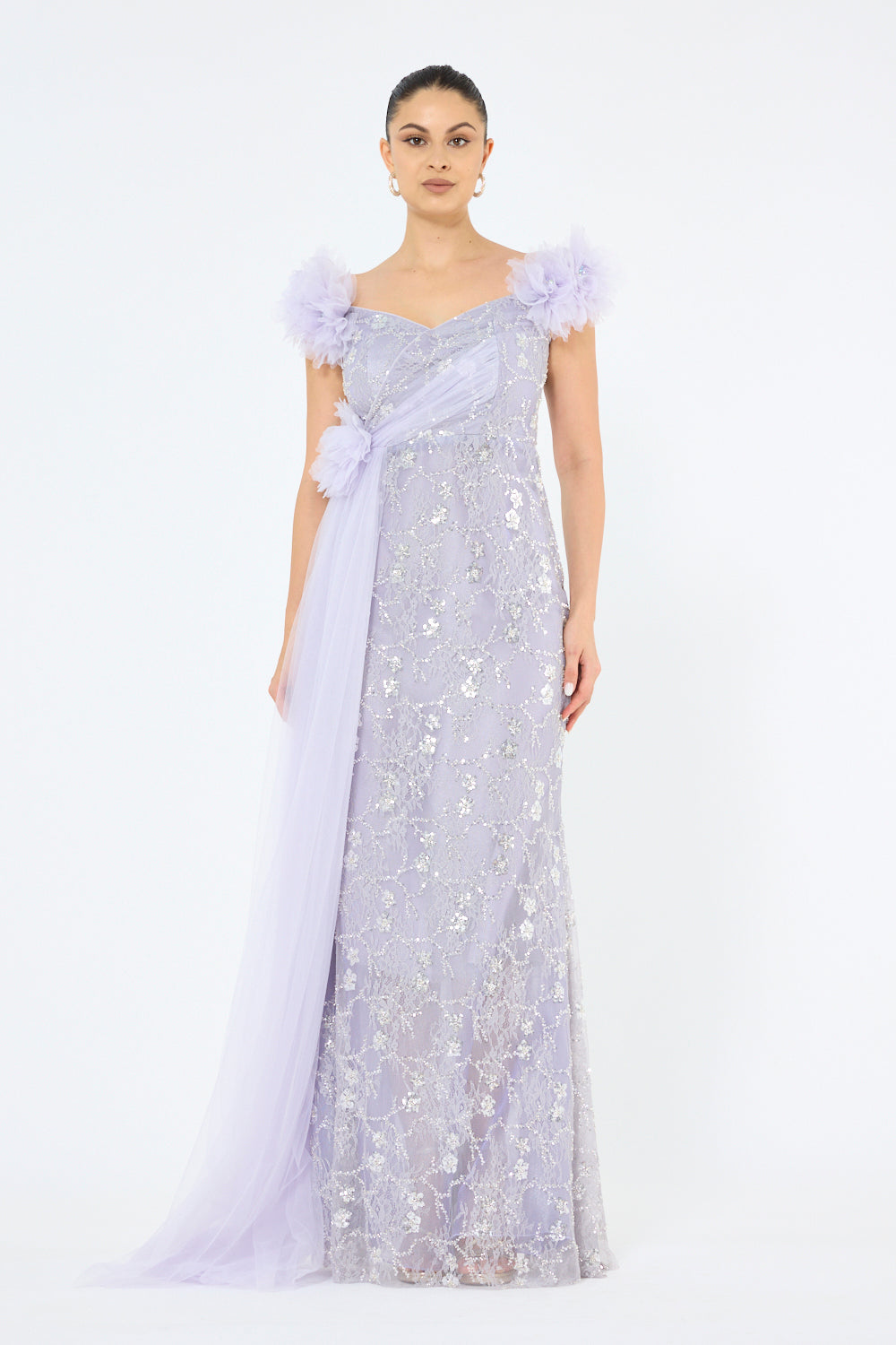Tulle Floral Appliqué Drape Panel Gown