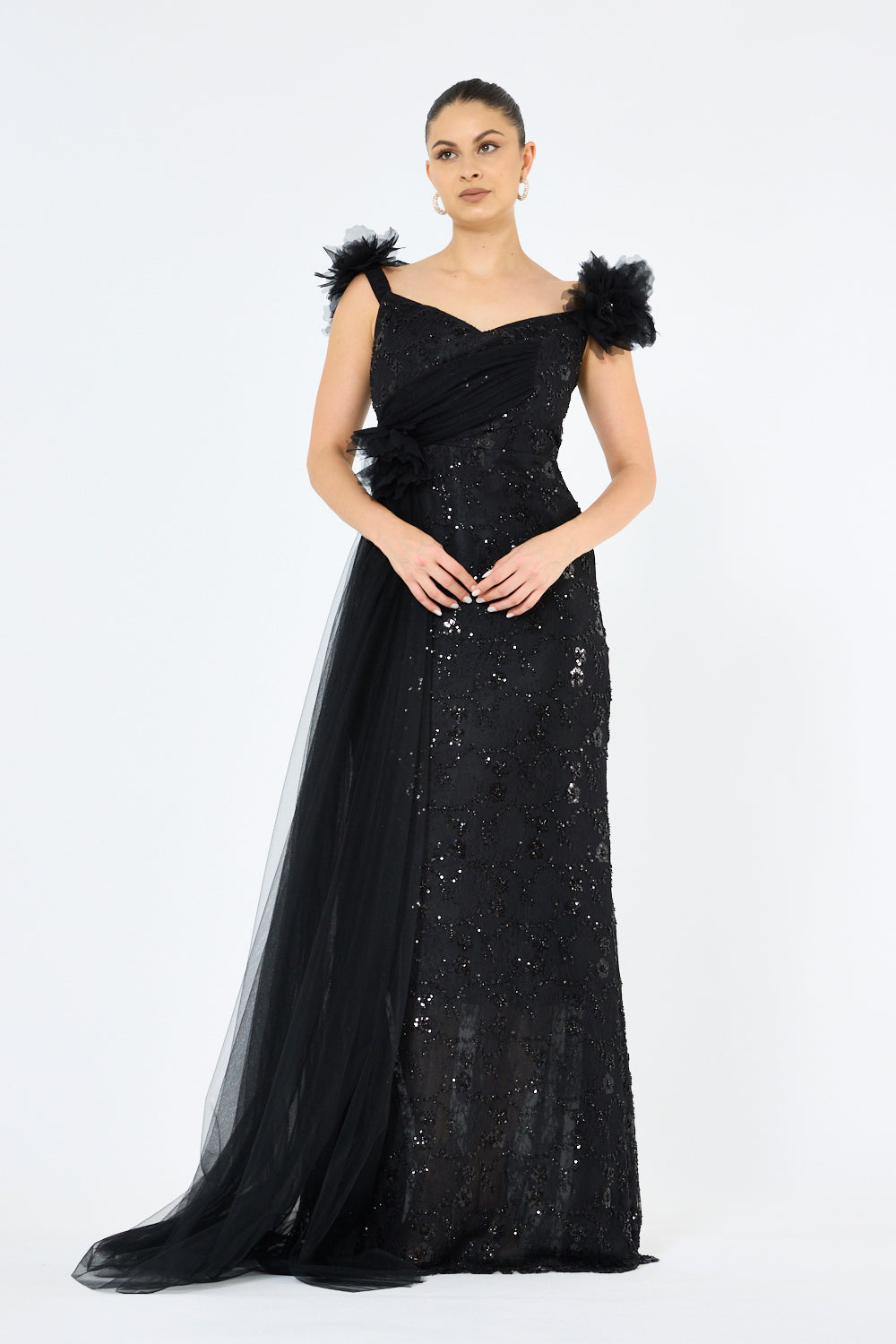 Tulle Floral Appliqué Drape Panel Gown