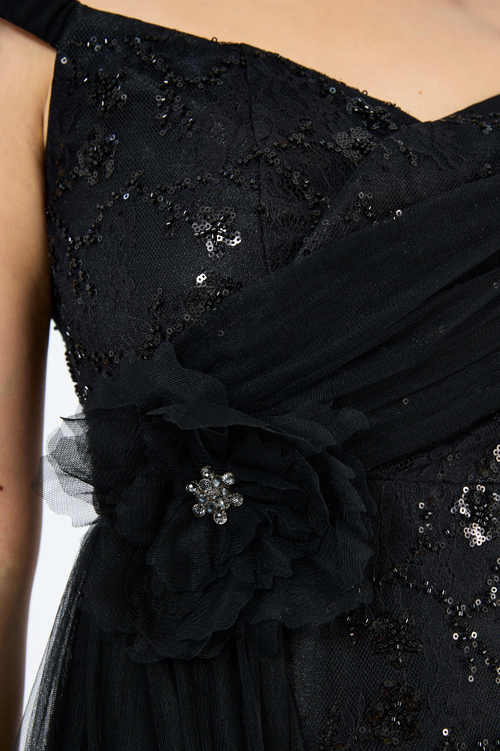 Tulle Floral Appliqué Drape Panel Gown