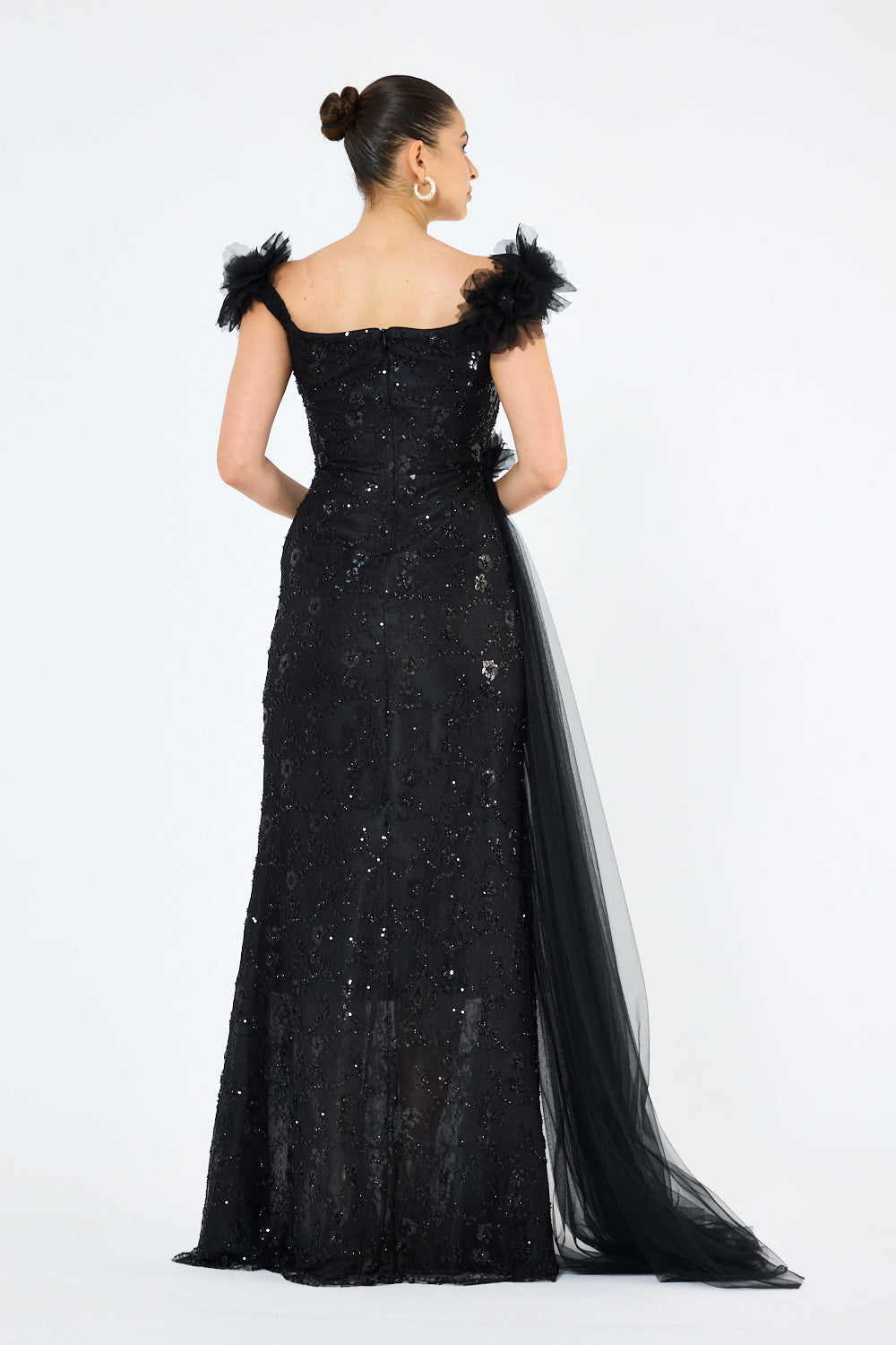 Tulle Floral Appliqué Drape Panel Gown