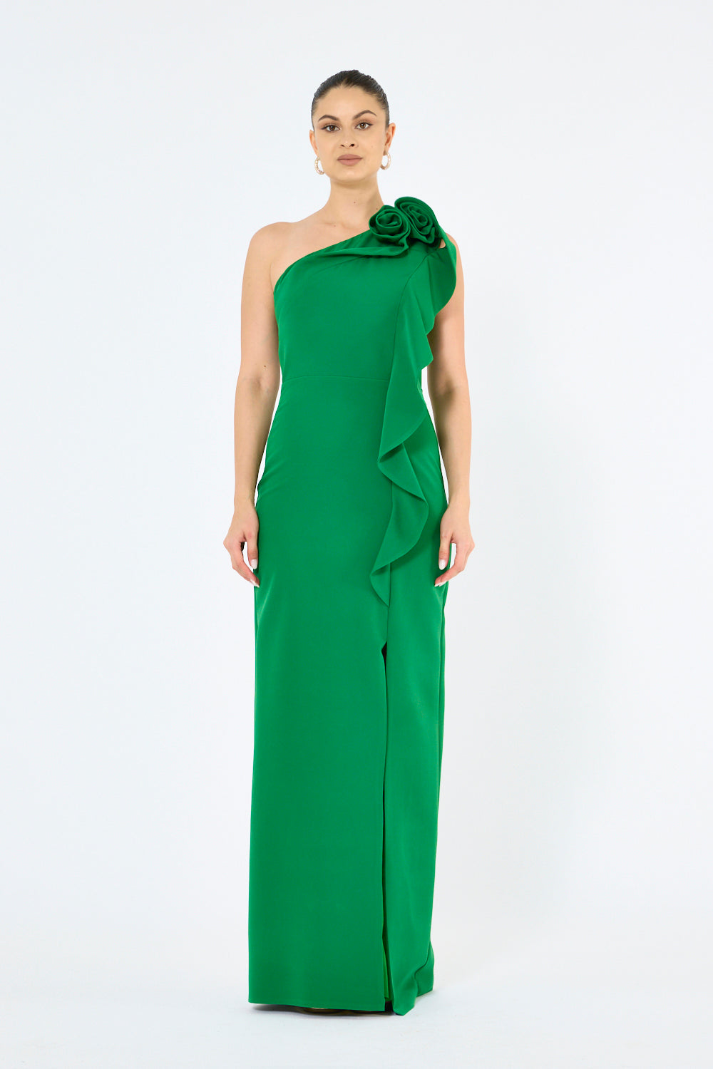 Rosette Shoulder Drape Gown