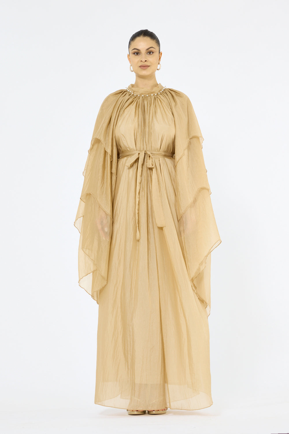 Pearl Trim Gathered Dress