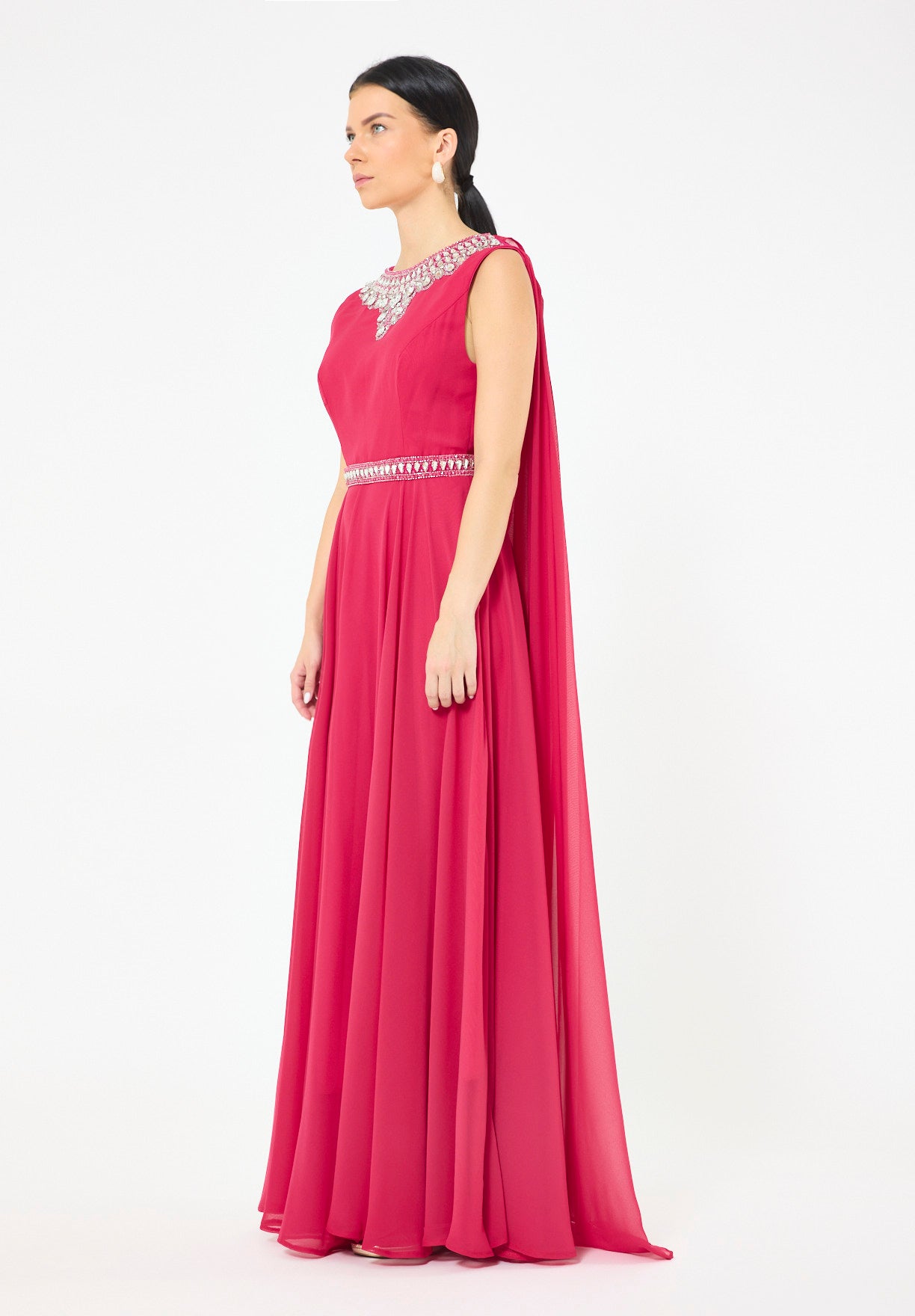 Crystal-Embellished Cape Detail Flowy Dress