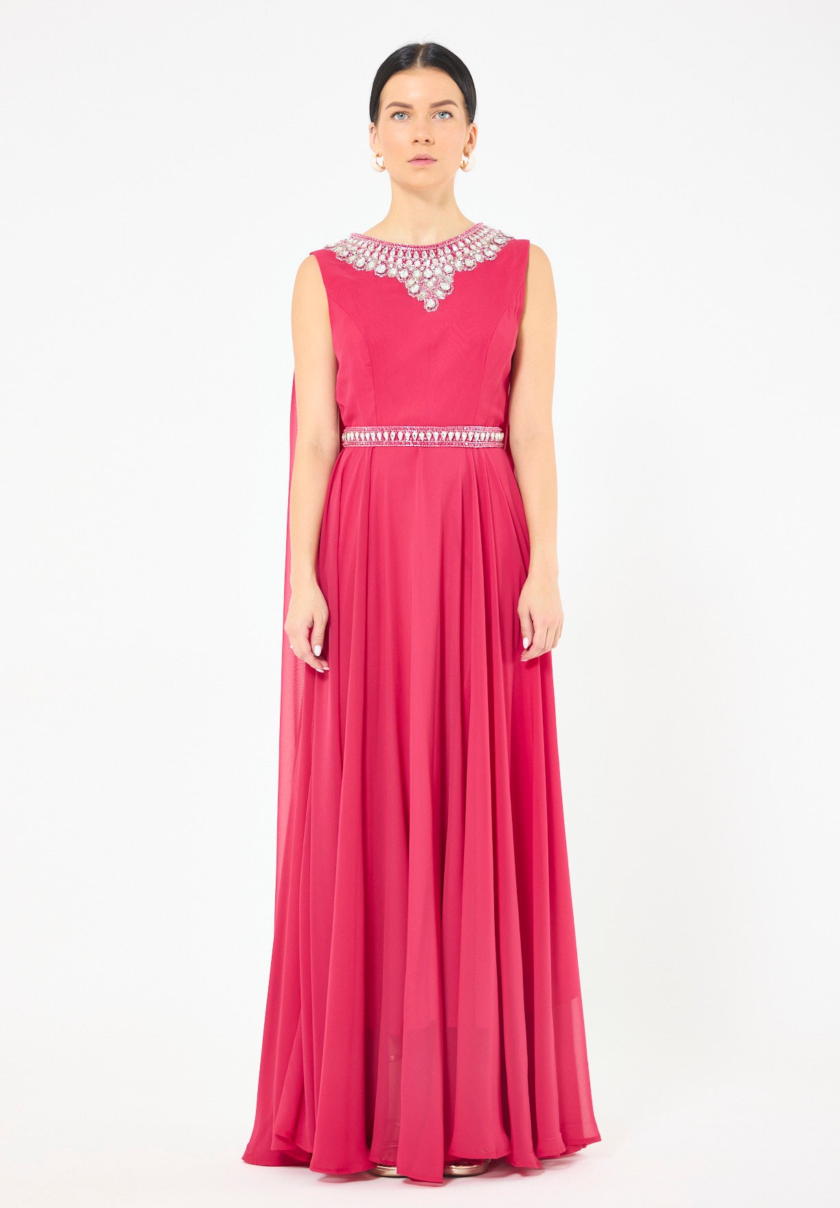 Crystal-Embellished Cape Detail Flowy Dress