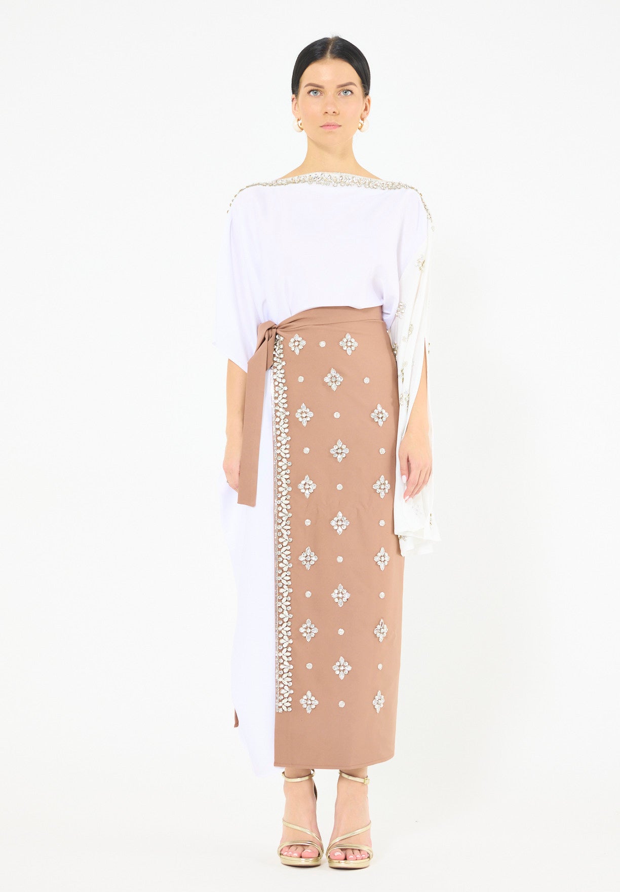 Statement Kaftan Dress with Embellished Overlay Skirt