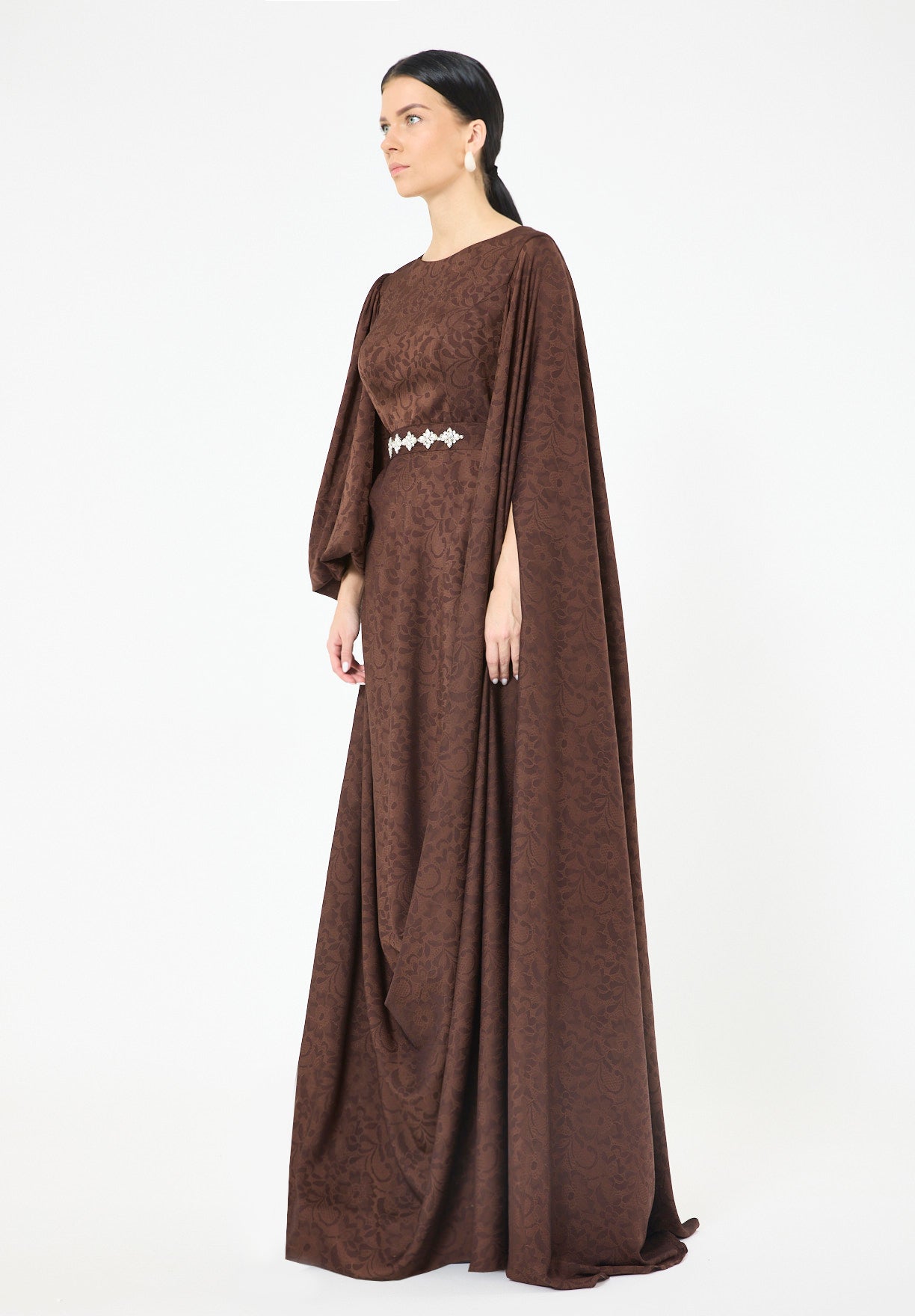 Jacquard Cape-Sleeve Gown with Embellished Belt