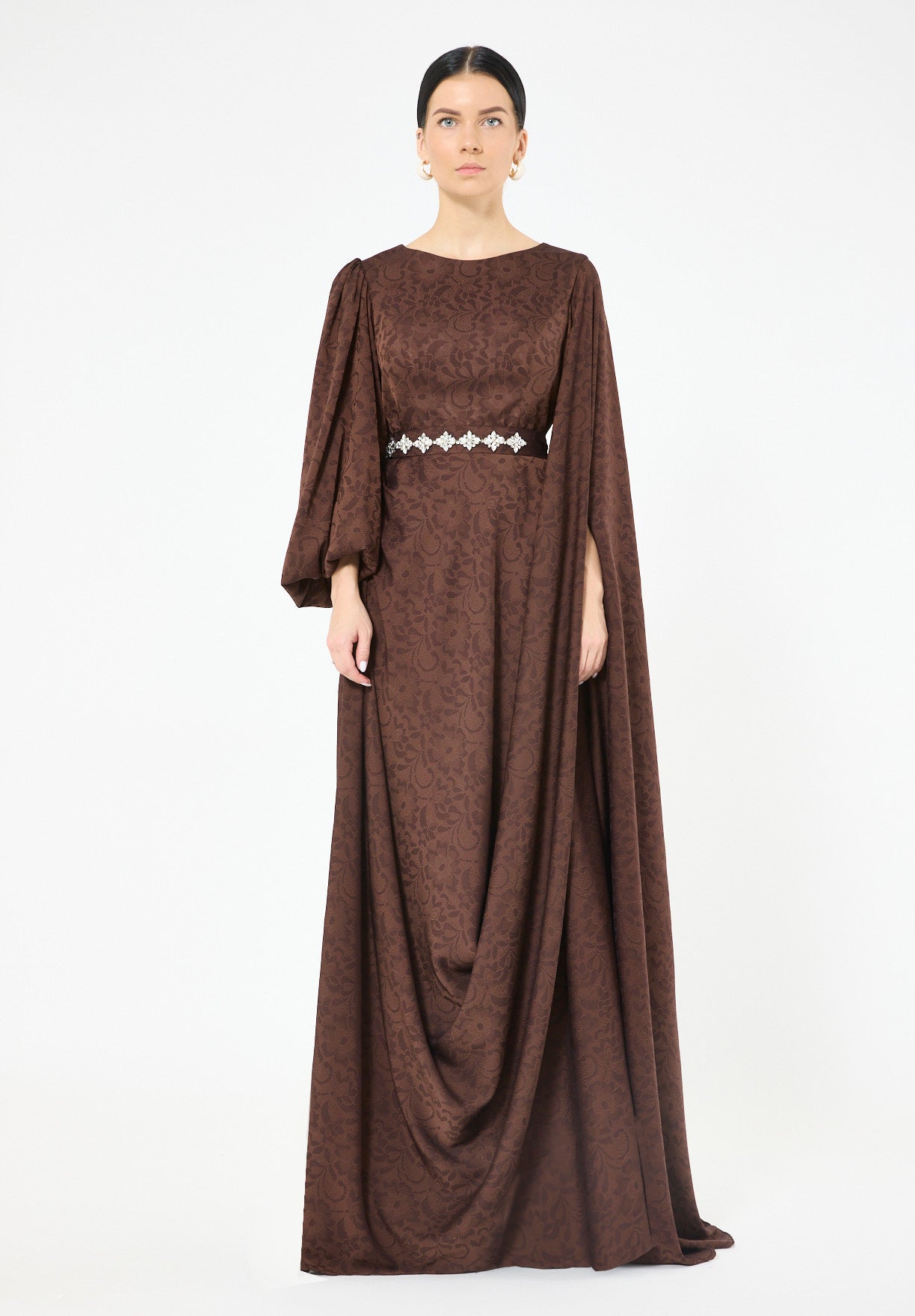 Jacquard Cape-Sleeve Gown with Embellished Belt