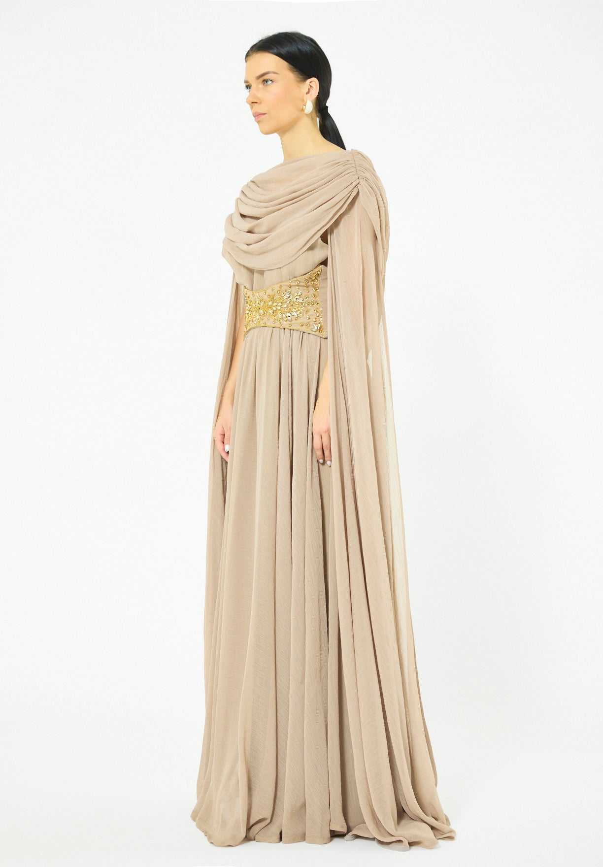 Embellished Waist-Belt Cowl Draped Evening Gown