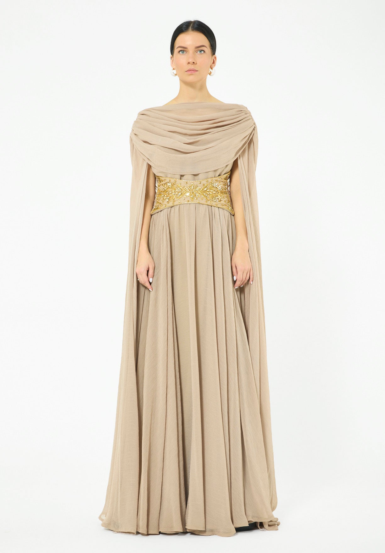 Embellished Waist-Belt Cowl Draped Evening Gown