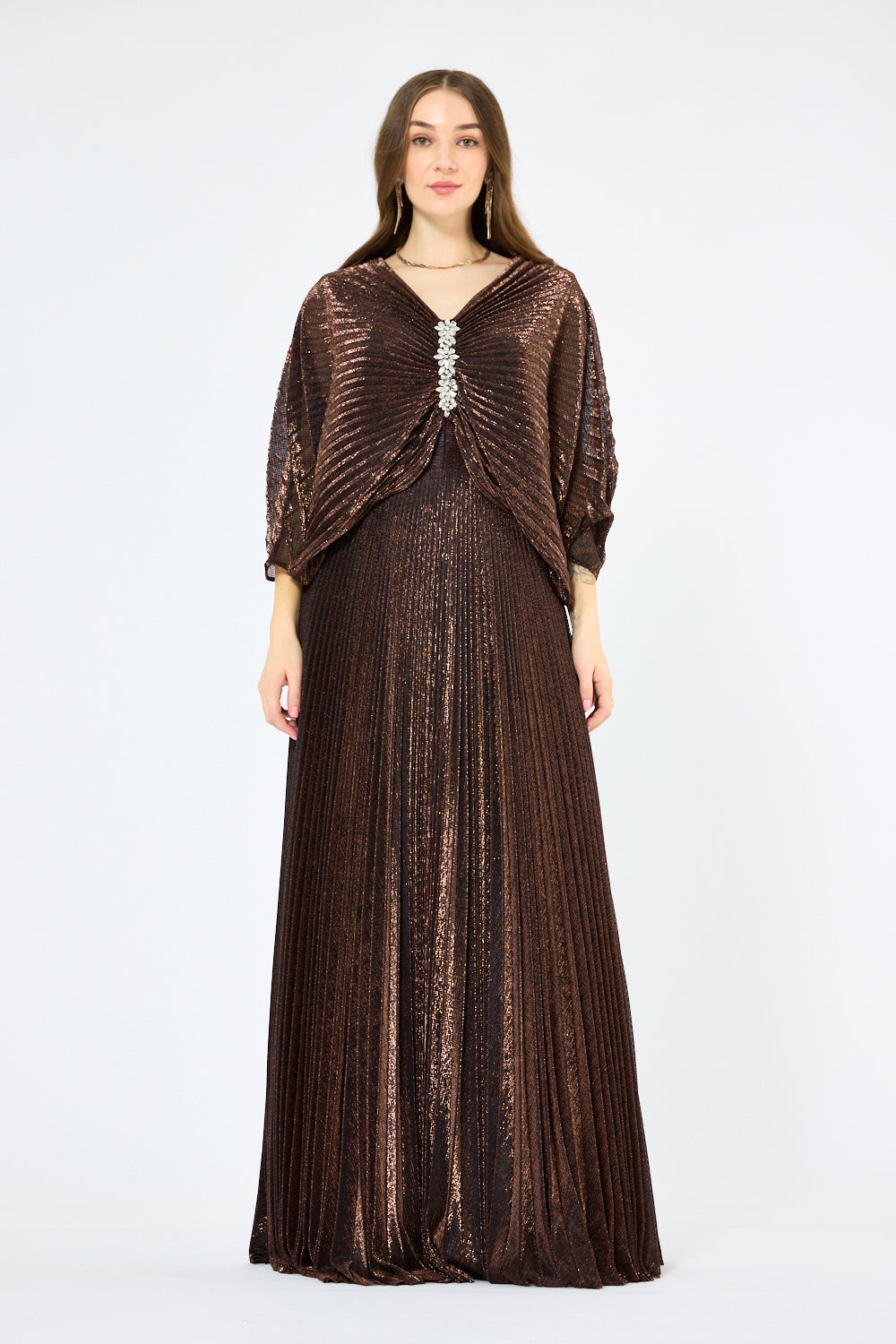 Crystal Clasp Draped Overlay Pleated Gown