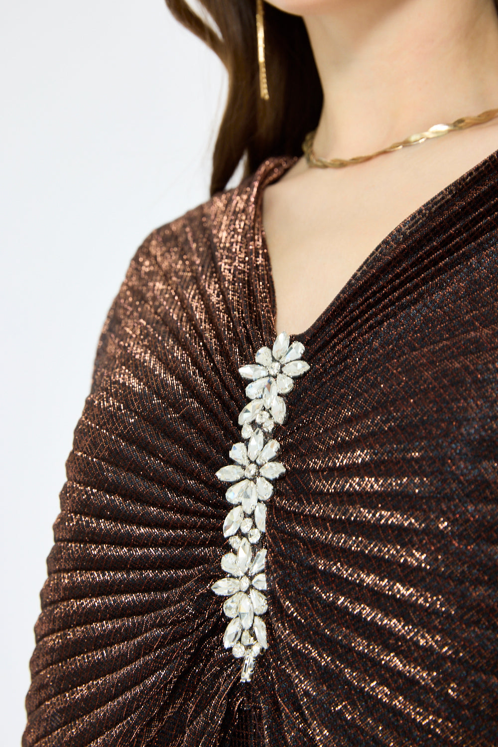 Crystal Clasp Draped Overlay Pleated Gown