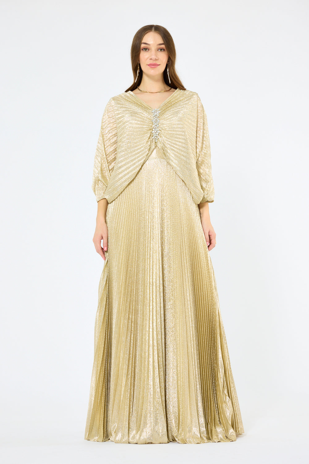 Crystal Clasp Draped Overlay Pleated Gown