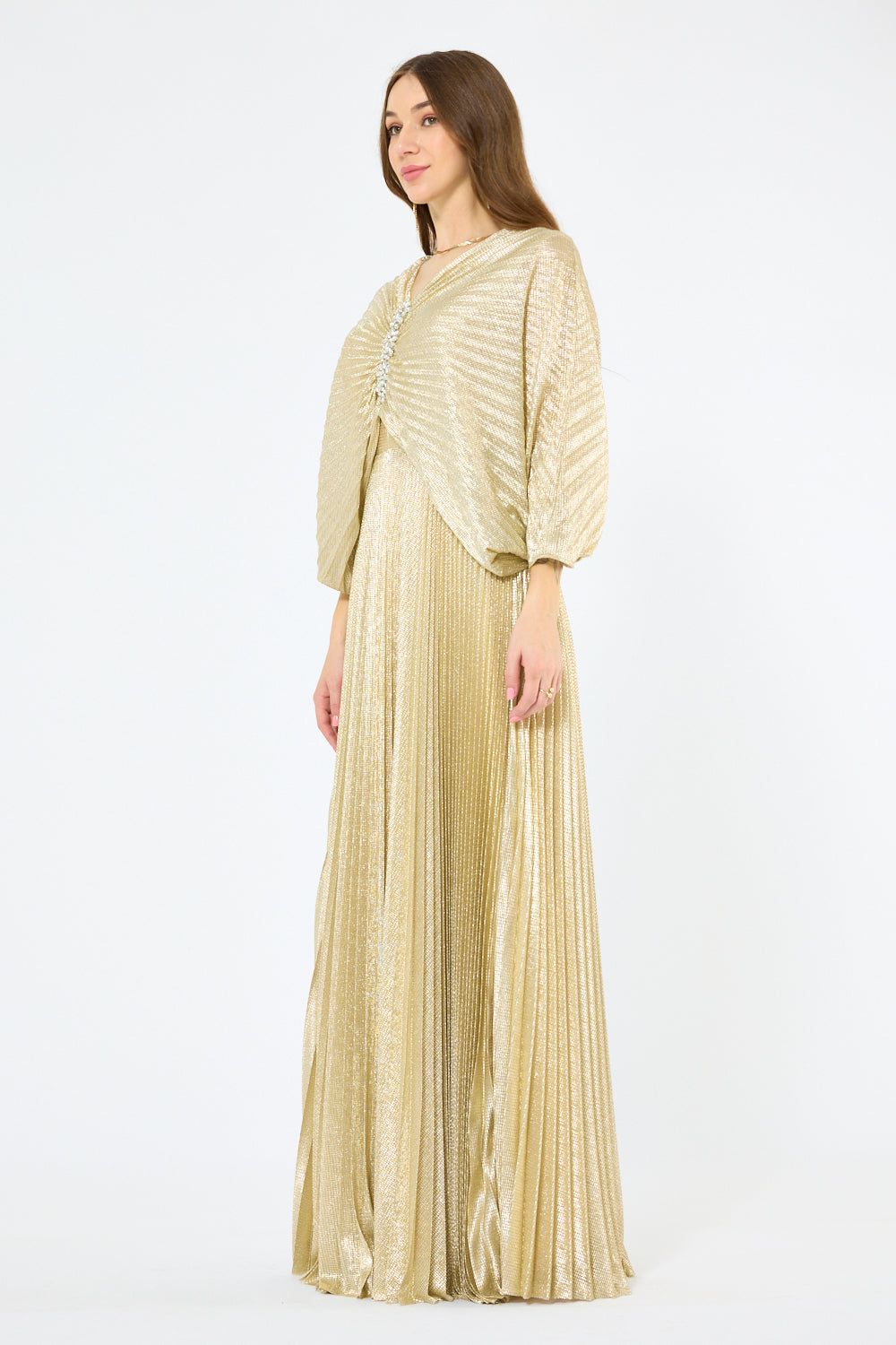 Crystal Clasp Draped Overlay Pleated Gown