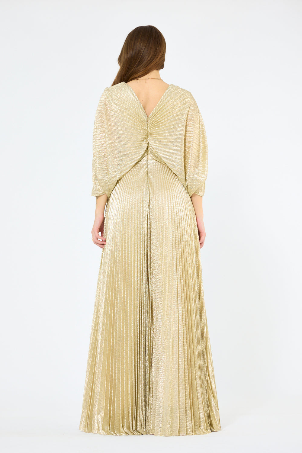 Crystal Clasp Draped Overlay Pleated Gown