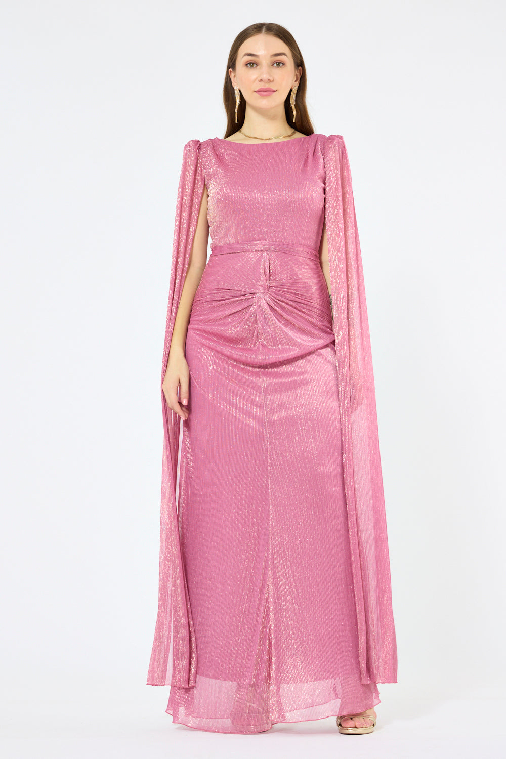 Cape Sleeve Twist-Waist Metallic Gown