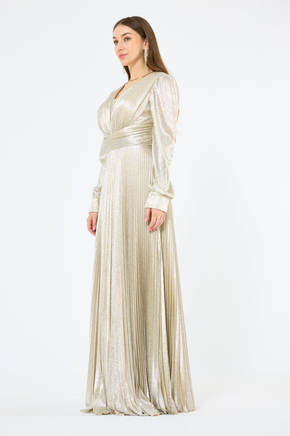 Twist Wrap Waist Pleated Metallic Gown